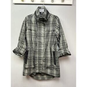 G.E.T. Plaid Utility Jacket Womens Small Green Packable Hood Roll Tab‎ Sleeve